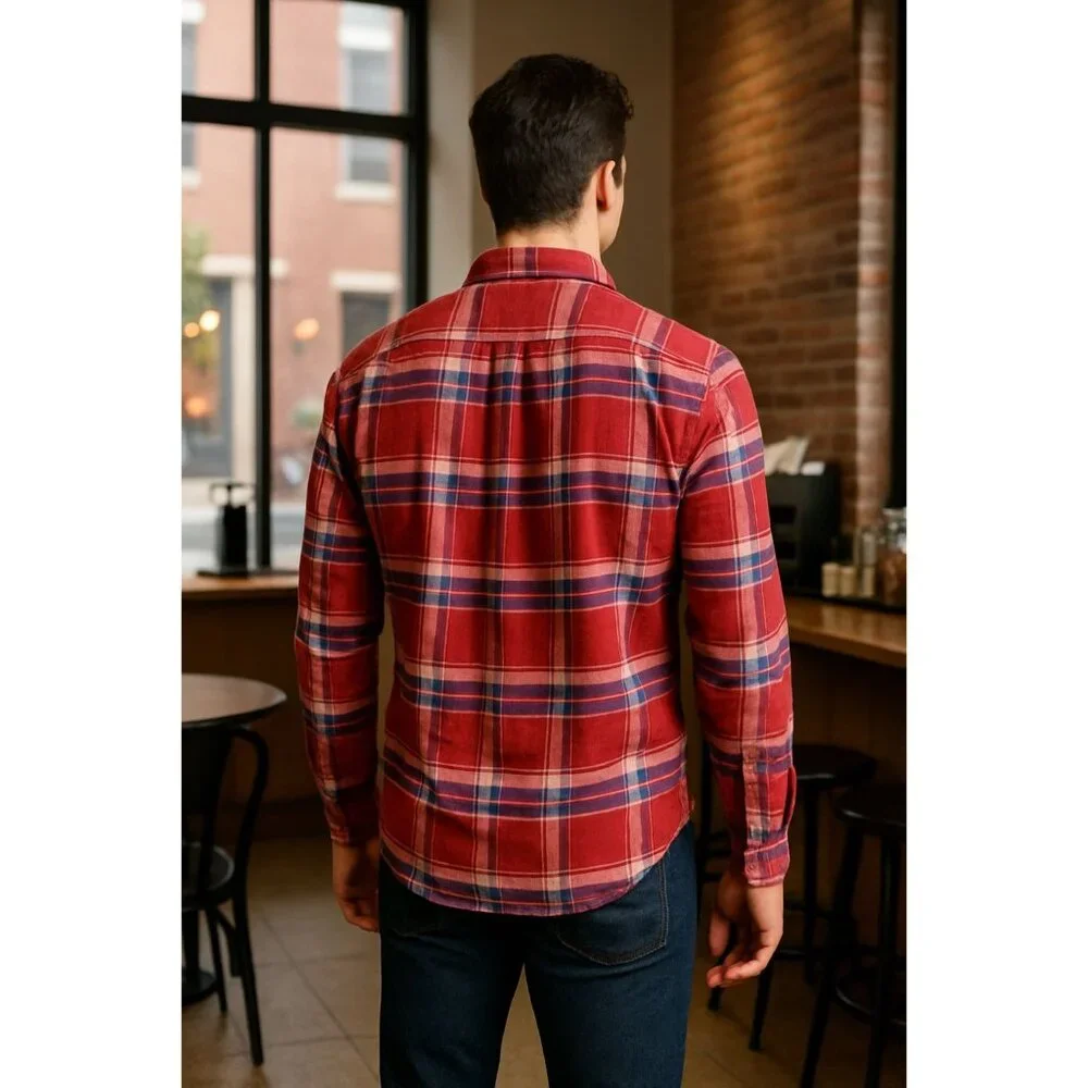 Abercrombie Fitch Mens Large Red Plaid Muscle Shirt Cotton Long Sleeve - Picture 4 of 12